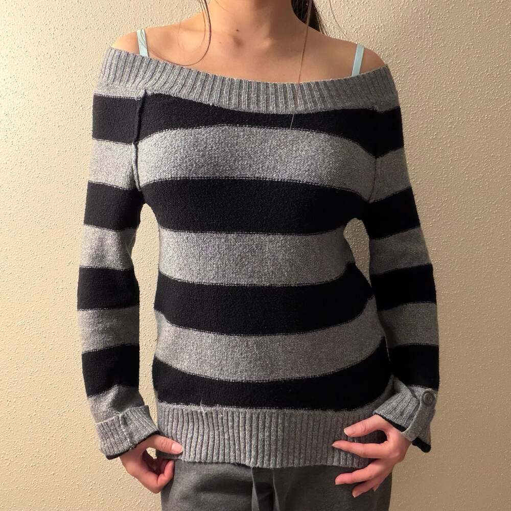 Maurices Black And Grey Striped Off The Shoulder Knit Sweater